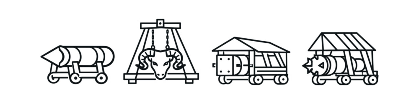 Medieval siege weapons and ancient artillery on wheels, line art icons