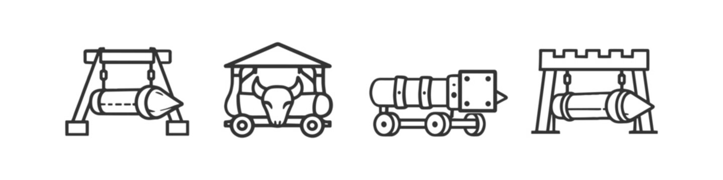 Collection of ancient siege weapons and artillery icons in a line art style