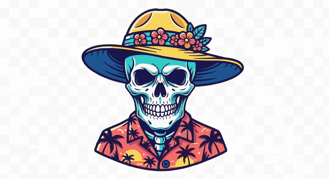 Stylized skull wearing a floral, wide-brimmed hat and tropical shirt