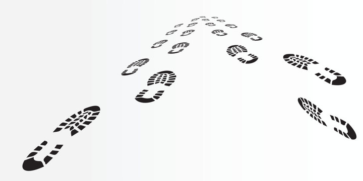 Black Boot Footprints Pattern Leading Away in V-Shaped Perspective Over White Background
