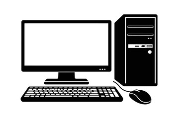 Fototapeta premium Black and white vector icon of a complete desktop computer setup, featuring a monitor, PC tower, keyboard, and mouse, perfect for technology concepts, office work, home computing, digital illustration