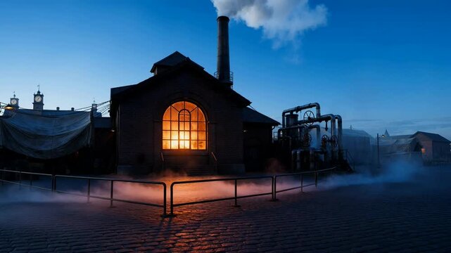 Industrial factory building at night with smoke and steam misty atmosphere glowing window in blue hour