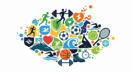 Fototapeta premium Colorful collage of sports, healthy food, and outdoor activity icons