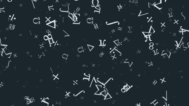 Abstract illustration featuring a dynamic dispersion of various mathematical and scientific symbols in dark space.