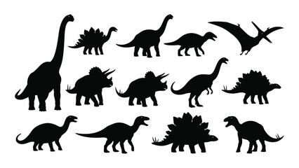 A collection of prehistoric creatures including dinosaurs and pterosaurs are depicted in stark black silhouettes high quality professional detailed modern elegant © JASMIN