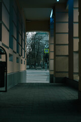 Fototapeta premium Framed Street View Through Archway Opening, Leafy Trees Visible Beyond, Pedestrian Sign Glowing Green, Textured Pavement And Wet Sheen, High Contrast