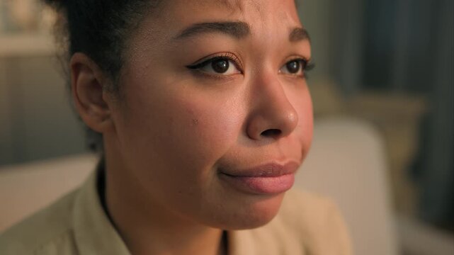 Close up stressed African American woman sad divorce mental bad thoughts worried girl sick health problem female frustrated thinking crisis depression suffer lonely sorrow at home desperate emotion