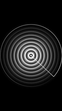 White radar screen with concentric circles and scanning line. Animated radar interface on black background. Radar animation.