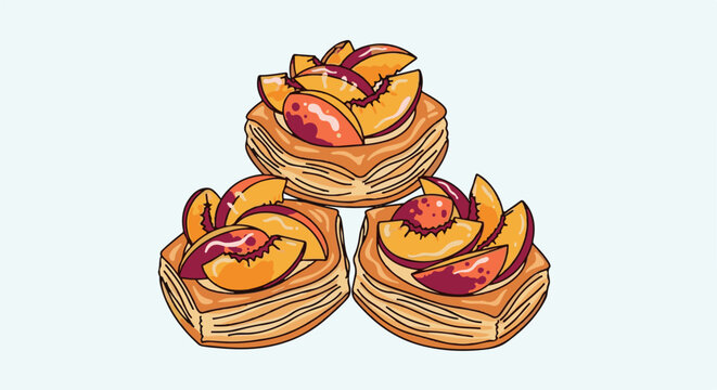 Flaky pastry cups topped with juicy peach slices arranged in a cluster