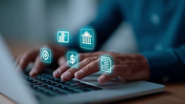 Hands Using Laptop for Mortgage Approval Process with Digital Icons Representing Finance, Banking, and Home Purchase Information
