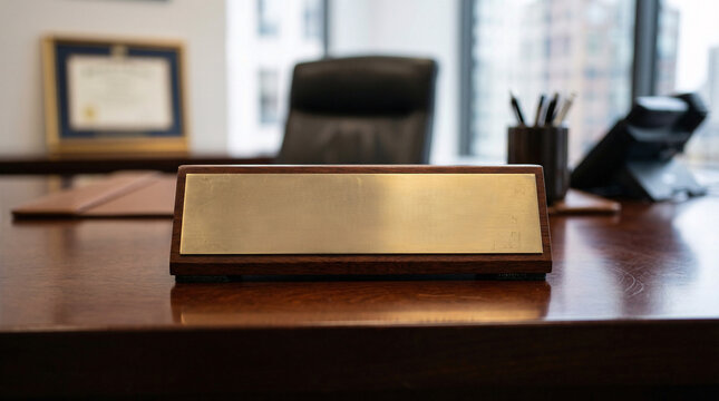 A gold nameplate on a wooden desk in an office