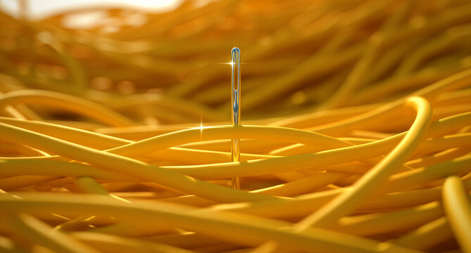 A solitary, gleaming silver sewing needle stands majestically upright, puncturing through a vast, intricately tangled heap of vibrant yellow threads or cables, powerfully symbolizing the daunting