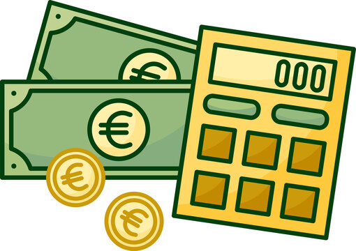 Calculator with euro money and coins