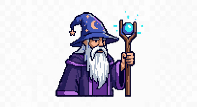Pixel art wizard with long white beard, purple robes, and magic staff