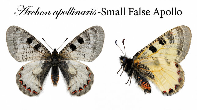 A macro photograph showing the delicate patterns and orange spots of the Small False Apollo (Archon apollinaris) butterfly.
