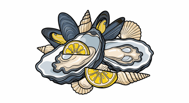 Fresh oysters and mussels served with lemon slices and shells