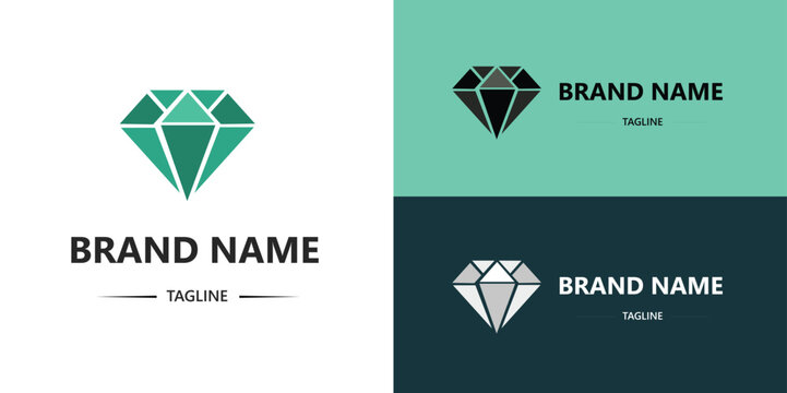 Three diamond jewel logo variations with Brand Name and Tagline placeholder text in green black and white color schemes, vector illustration concept for luxury branding, jewelry logos and premium webs