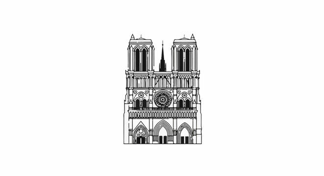 Iconic Gothic cathedral facade illustration with twin towers and rose window