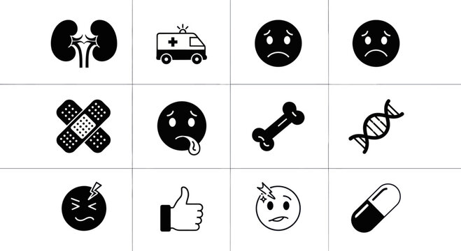 Medical Icons: Kidneys, Ambulance, Emotions, Bandage, Bone, DNA, Pill