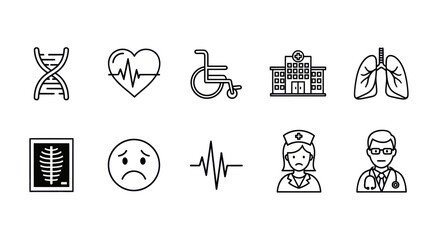Fototapeta premium Medical Icons Set: DNA, Heartbeat, Wheelchair, Hospital, Lungs, X-ray, Sad Face