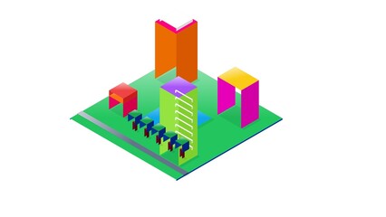 Fototapeta premium Ultra Vibrant 3D Isometric Toy Kingdom Landscape for Kids Colorful Candy Town with Skyscrapers Lake and Train Track Nursery Wall Art