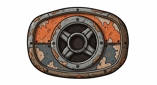 An oval-shaped, rusty, metallic hatch with a central circular grate and crossbars