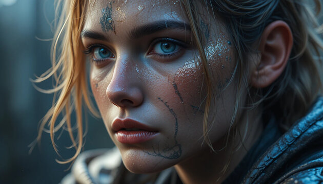Young Woman with Blue Eyes and Artistic Face Paint in Outdoor Setting