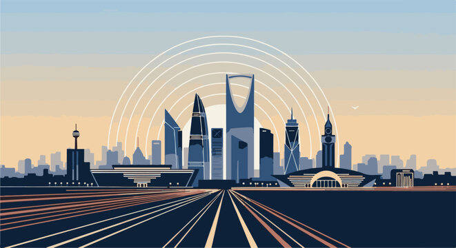 Pixel art cityscape with tall buildings and converging roads at sunset