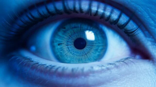 Extreme close- up of human eye with vivid blue iris and long eyelashes focused on detailed eye structure and natural beauty for healthcare and beauty industry commercials