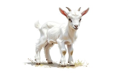Obraz premium A fluffy, white goat kid stands facing the viewer. The small animal has brown markings on its legs, tiny horns, and attentive eyes