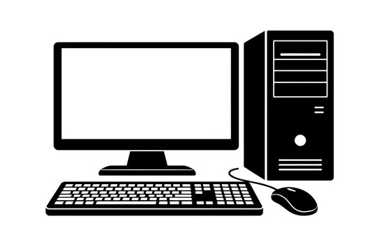 Vector black silhouette icon depicting a complete desktop computer system, showcasing a monitor with a blank screen, a CPU tower, an alphanumeric keyboard, and a mouse, essential components of a moder