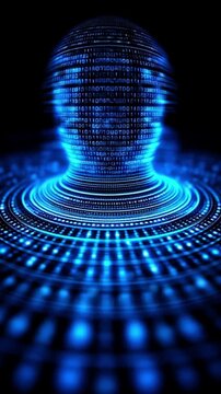 vertical, Captivating Sacred Geometry Patterns in Rotation, Creating an Enigmatic Visual of Binary Code and Digital Waves in a Mesmerizing Blue Glow