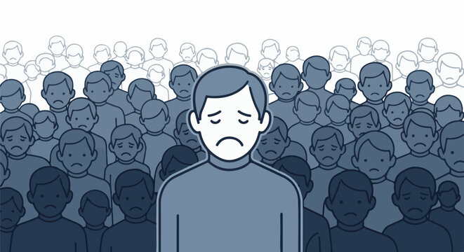 Sad person stands out from a large crowd of unhappy people
