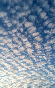 Blue sky with white puffy clouds, beautiful sky background texture. Clean air and clouds