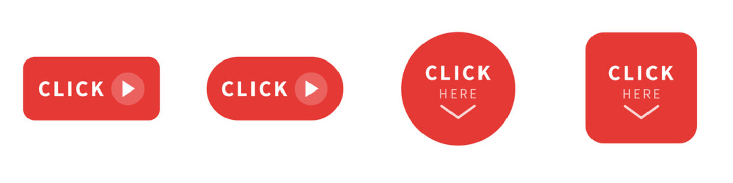 Red click here arrow icon button clipart set on png transparent background for register clicking next download pointer play square circle rounded flat illustration