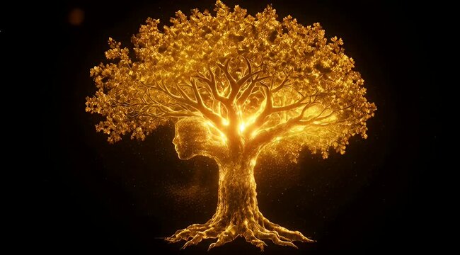 Golden magical tree of life illuminated with glowing light animation on dark background golden tree glowing tree