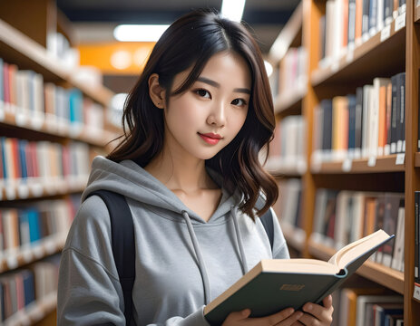 woman who's wearing grey hoodie is reading a book at the bookstore
