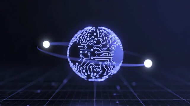 Dynamic visualization of a luminous digital brain with orbiting energy particles, embodying advanced artificial intelligence, global network concepts, and innovative technological progress