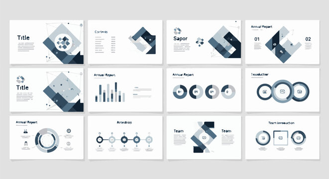 Collection of presentation slides with various charts and text layouts