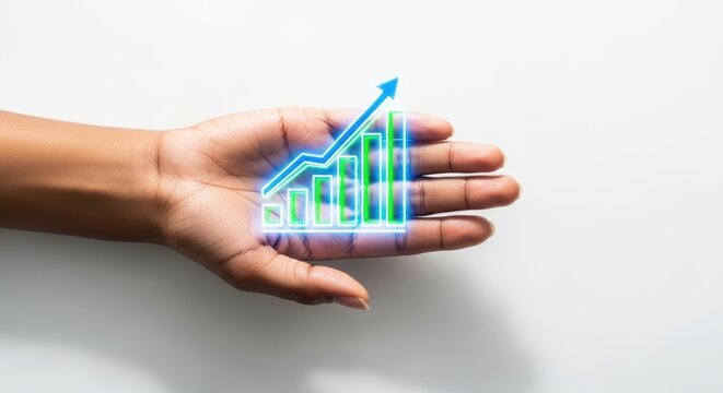 Growth chart hologram in hand, business analytics, futuristic technology, studio environment, close-up view, digital innovation concept
