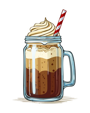 Delicious Mocha Frappe in Mason Jar with Whipped Cream and Red Straw for Sweet Dessert Drink - Vector Illustration