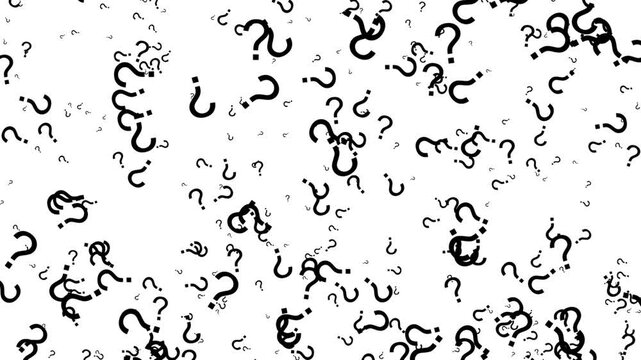 Dynamic black question marks scattered across a clean white background, representing uncertainty, inquiry, and the search for answers.