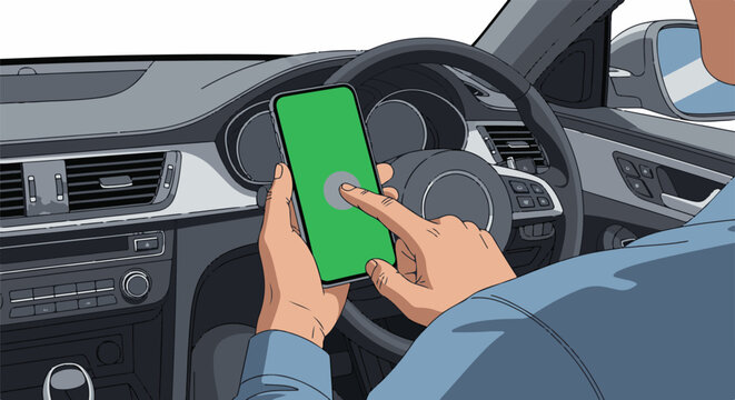 Hands using a smartphone inside a car interior with steering wheel and dashboard