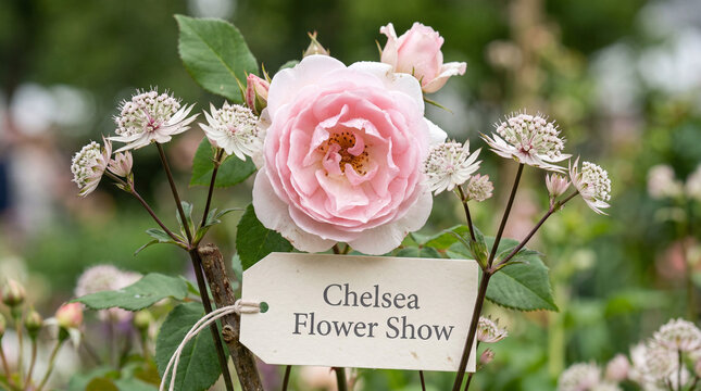 Exquisite pink rose graces the Chelsea Flower Show, its vibrant petals opening amidst a flurry of smaller white blossoms
