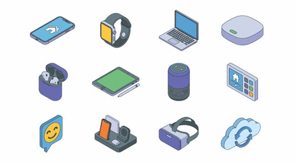 Fototapeta premium Isometric 3D icon set showcases various technology devices in a modern office environment.