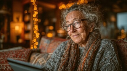 Obraz premium Older woman uses a tablet at home with warm lights