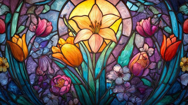 Resurrection light shines in an Easter window made of stained glass.