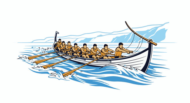 Crew of seven rowers propelling a longboat through choppy blue water