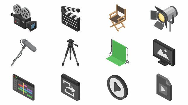A 3D isometric set of film production icon elements on a white background for graphic design.