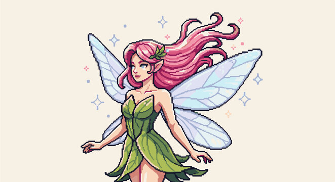 Pixel art of a fairy with pink hair and gossamer wings